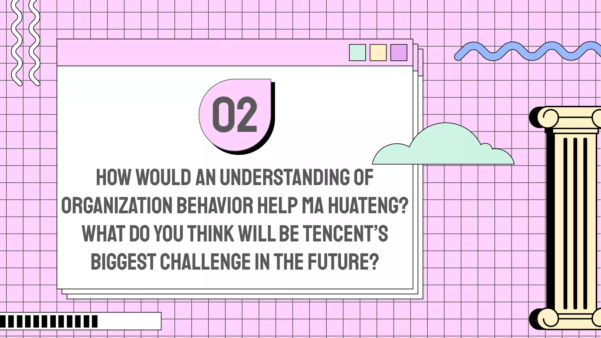 Howwould anunderstandingof
organizationbehaviorhelpMa Huateng?
WhatdoyouthinkwillbeTencent’s
biggestchallengeinthefuture?
02
 