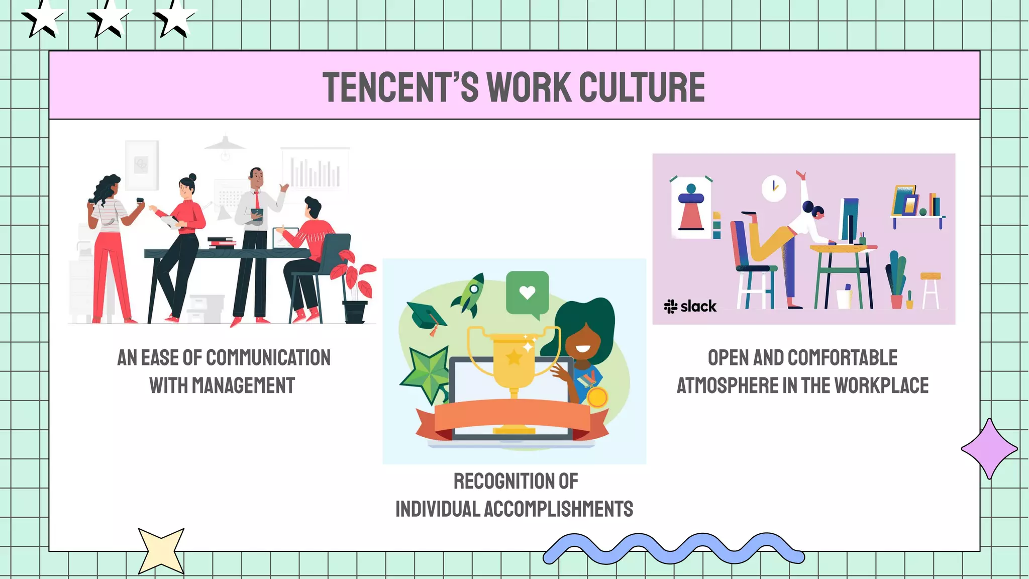 TENCENT’SWORKCULTURE
open andcomfortable
atmosphereintheworkplace
aneaseofcommunication
withmanagement
recognitionof
individualaccomplishments
 