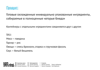 Продукт:
Готовые охлажденные инивидуально упакованные ингредиенты,
собираемые в полноценные «вторые блюда»

Контейнеры с отдельными игредиентами соединяются друг с другом


SKU:
Мясо — говядина
Гарнир — рис
Овощи — смесь брокколи, спаржа и стручковая фасоль
Соус — белый бешамель



         Кураторы курса     Преподаватели     8 группа
         Леонид Славин      Сергей Леликов    Михаил Попков   Лариса Шибарова
         Наталья Кузьмина   Василий Андреев   Максим Тужакаев Катя Березина
 