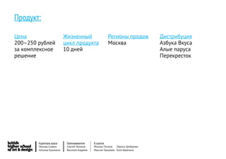 Продукт:

Цена                       Жизненный                   Регионы продаж           Дистрибуция
200–250 рублей             цикл продукта               Москва                   Азбука Вкуса
за комплексное             10 дней                                              Алые паруса
решение                                                                         Перекресток




        Кураторы курса      Преподаватели     8 группа
        Леонид Славин       Сергей Леликов    Михаил Попков   Лариса Шибарова
        Наталья Кузьмина    Василий Андреев   Максим Тужакаев Катя Березина
 
