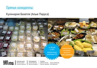 Прямые конкуренты:
Кулинария Бахетле (Алые Паруса)




                                                         от 200 руб
                                                                                универсальные
                                                          за 100 г
                                                                                 контейнеры:
                                                       универсальные              прозрачны,
                                                      контейнеры ПЭТ          видно содержимое


       Кураторы курса     Преподаватели     8 группа
       Леонид Славин      Сергей Леликов    Михаил Попков   Лариса Шибарова
       Наталья Кузьмина   Василий Андреев   Максим Тужакаев Катя Березина
 