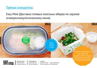 Прямые конкуренты:
Easy Meal (Доставка готовых полезных обедов по заранее
оговоренному/оплаченному меню)




                                                           около
                                                          450 руб
                                                          за обед

                                                                                покупатель заказывает еду
                                                                                    только через сайт,
                                                                              упаковку на сайте он не видит,
                                                                               видит фото готового блюда
                                                                                в ресторанной сервировке
       Кураторы курса     Преподаватели     8 группа
       Леонид Славин      Сергей Леликов    Михаил Попков   Лариса Шибарова
       Наталья Кузьмина   Василий Андреев   Максим Тужакаев Катя Березина
 