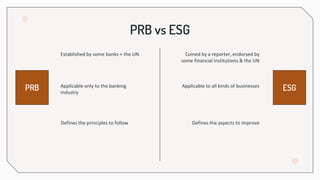 Applicable only to the banking
industry
Defines the principles to follow
PRB vs ESG
Established by some banks + the UN
Applicable to all kinds of businesses
Defines the aspects to improve
Coined by a reporter, endorsed by
some financial institutions & the UN
PRB ESG
 