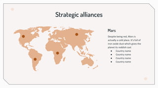 Strategic alliances
Despite being red, Mars is
actually a cold place. It's full of
iron oxide dust which gives the
planet its reddish cast
● Country name
● Country name
● Country name
● Country name
Mars
 