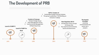 The Development of PRB
6
1999
1992
Launch of UNEP for
Bank
New Regulation BIS III
1. Introduction of the concept
of Climate Risk
2. The need for Environmental,
Social and Governance
1991
Launch of UNEP FI
2003 2008
6
Creation of 3 groups
1. Climate Change Group
2. Asset Management Group
3. Environmental Management
& Reporting Group
2010
The Equator
Principles
assessing
environmental and
social risk in
projects
COP-9. Creation of
1. Sustainable Energy Financial Initiative
2. The group’s publication “CEO Briefing on
Emissions Trading”
 