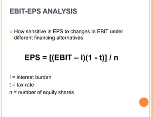 EBIT-EPS ANALYSIS

   How sensitive is EPS to changes in EBIT under
    different financing alternatives


        EPS = [(EBIT – I)(1 - t)] / n

I = interest burden
t = tax rate
n = number of equity shares
 