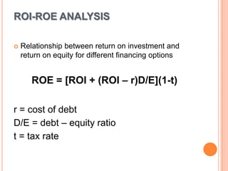ROI-ROE ANALYSIS

   Relationship between return on investment and
    return on equity for different financing options


       ROE = [ROI + (ROI – r)D/E](1-t)

r = cost of debt
D/E = debt – equity ratio
t = tax rate
 