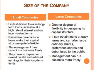 SIZE OF THE COMPANY

       Small Companies                       Large Companies

   Finds it difficult to raise long-    Greater degree of
    term loans, available at a            flexibility in designing its
    high rate of interest and on
    inconvenient terms                    capital structure
   Restrictive covenants in             It can obtain loans at easy
    loans make their capital              terms and can also issue
    structure quite inflexible            ordinary shares,
   The management thus                   preference shares and
    cannot run business freely            debentures to the public
   They have to depend on
                                         Management can run
    owned capital and retained
    earnings for their long-term          business more freely
    funds
 
