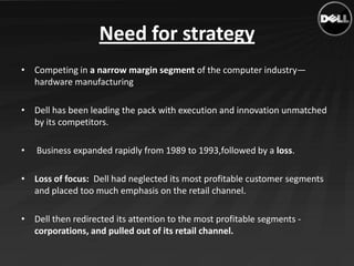 Need for strategy
• Competing in a narrow margin segment of the computer industry—
  hardware manufacturing

• Dell has be...