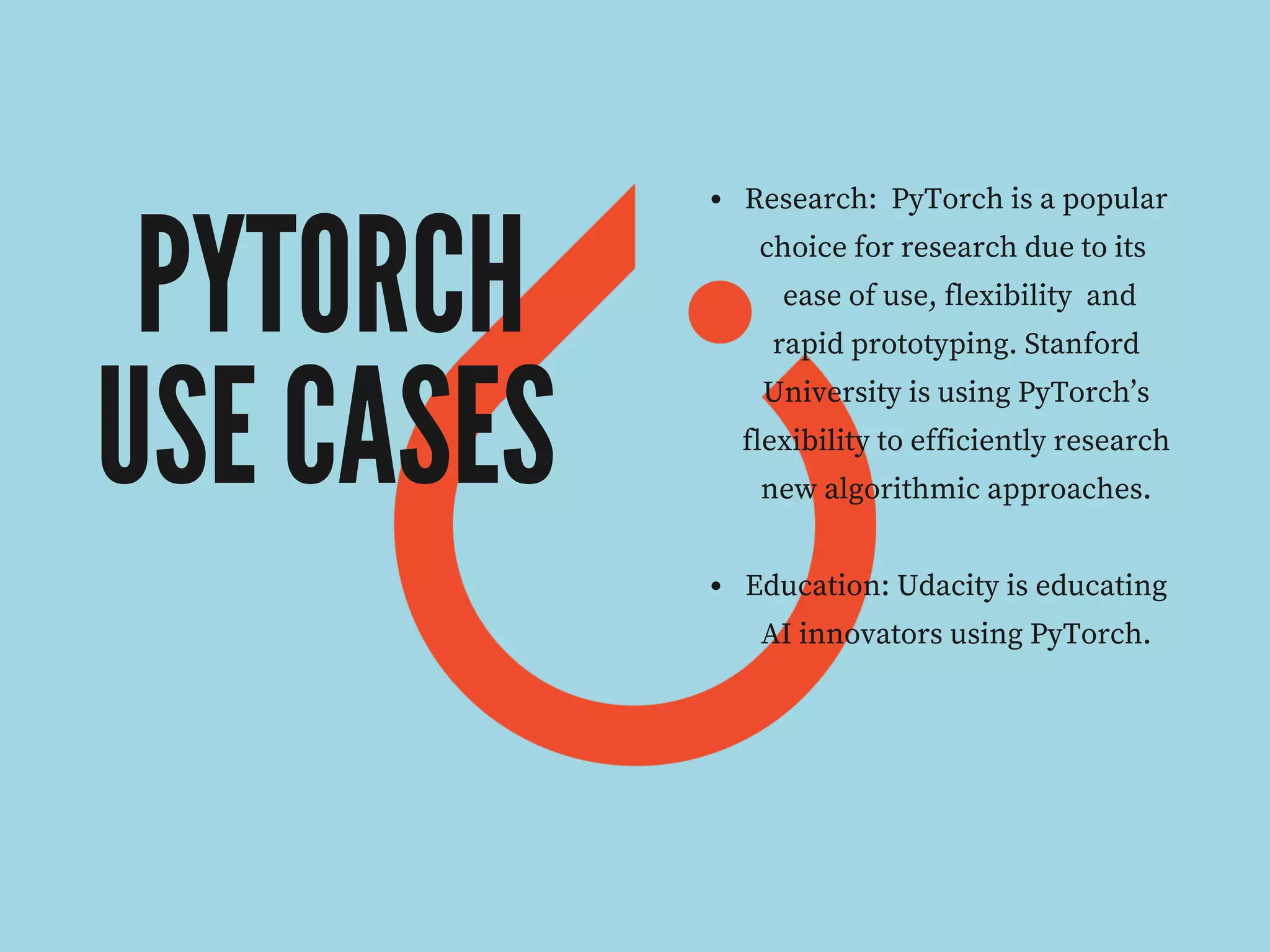 PYTORCH
USE CASES
Research: PyTorch is a popular
choice for research due to its
ease of use, flexibility and
rapid prototyping. Stanford
University is using PyTorch’s
flexibility to efficiently research
new algorithmic approaches.
Education: Udacity is educating
AI innovators using PyTorch.
 