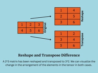1 4
2 5
3 6
1 2 3
4 5 6
1 2
3 4
5 6
Reshape
Transpose
Original
Reshape and Transpose Difference
A 2*3 matrix has been reshaped and transposed to 3*2. We can visualize the
change in the arrangement of the elements in the tensor in both cases.
 