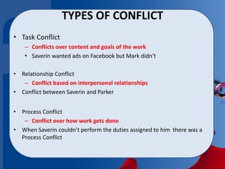 TYPES OF CONFLICT
• Task Conflict
– Conflicts over content and goals of the work
• Saverin wanted ads on Facebook but Mark didn’t
• Relationship Conflict
– Conflict based on interpersonal relationships
• Conflict between Saverin and Parker
• Process Conflict
– Conflict over how work gets done
• When Saverin couldn’t perform the duties assigned to him there was a
Process Conflict
 