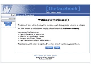 But rather then working on ConnectU, he
was working on a project of his own.
On February 4, 2004, Zuckerberg
launchedthefacebook.com, a social
network for Harvard students, designed to
expand to other schools around the
country.
 