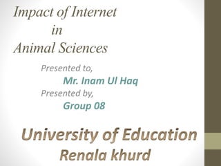 Impact of Internet
in
Animal Sciences
Presented to,
Mr. Inam Ul Haq
Presented by,
Group 08
 