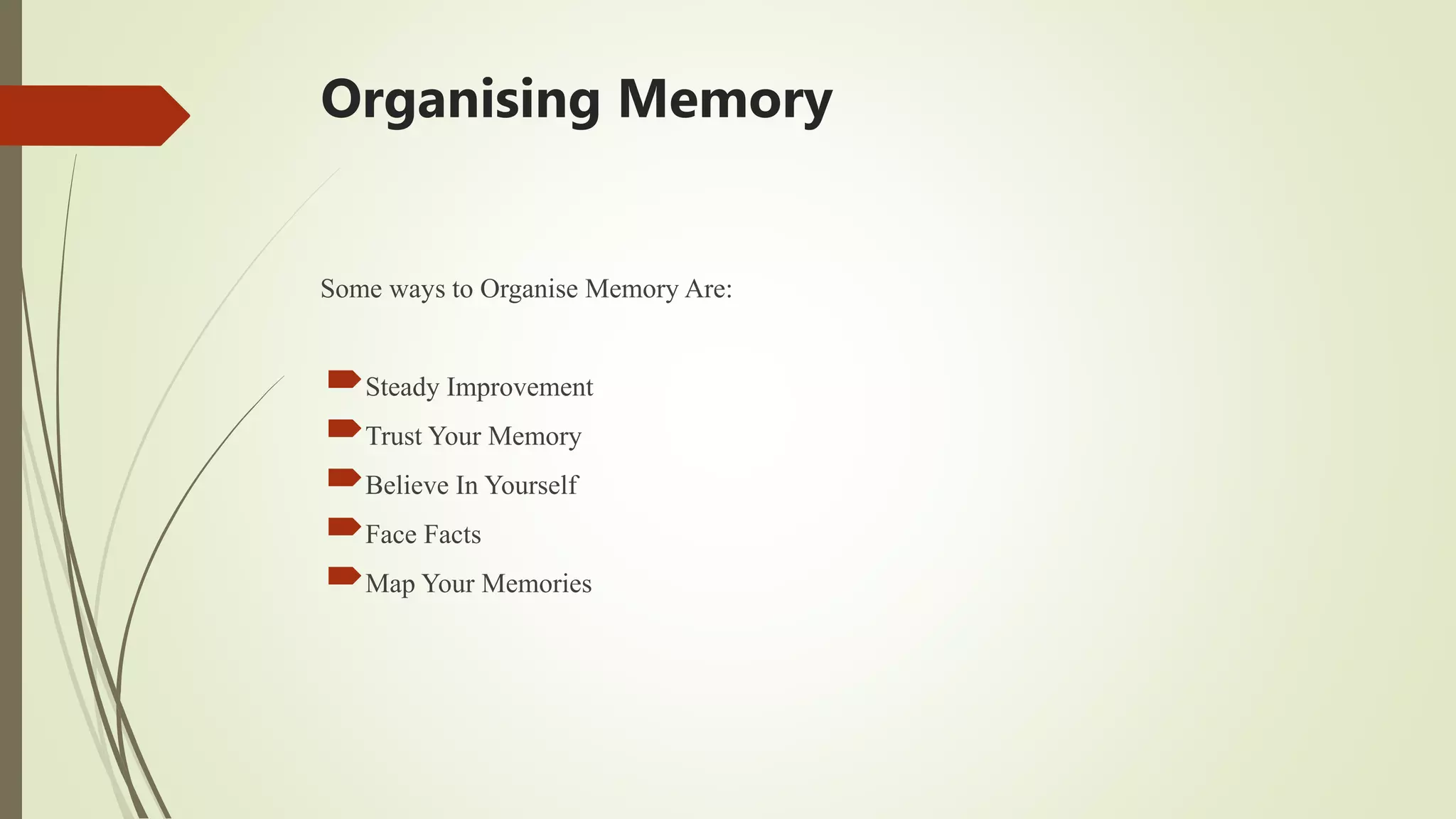 Organising Memory
Some ways to Organise Memory Are:
Steady Improvement
Trust Your Memory
Believe In Yourself
Face Facts
Map Your Memories
 
