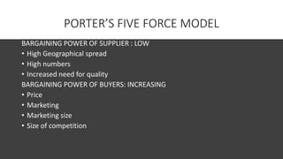 PORTER’S FIVE FORCE MODEL
BARGAINING POWER OF SUPPLIER : LOW
• High Geographical spread
• High numbers
• Increased need for quality
BARGAINING POWER OF BUYERS: INCREASING
• Price
• Marketing
• Marketing size
• Size of competition
 