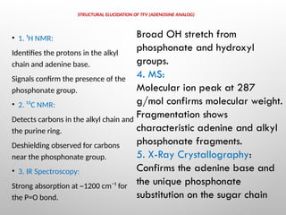 STRUCTURAL ELUCIDATION OF TFV (ADENOSINE ANALOG)
• 1. ¹H NMR:
Identifies the protons in the alkyl
chain and adenine base.
Signals confirm the presence of the
phosphonate group.
• 2. ¹³C NMR:
Detects carbons in the alkyl chain and
the purine ring.
Deshielding observed for carbons
near the phosphonate group.
• 3. IR Spectroscopy:
Strong absorption at ~1200 cm⁻¹ for
the P=O bond.
Broad OH stretch from
phosphonate and hydroxyl
groups.
4. MS:
Molecular ion peak at 287
g/mol confirms molecular weight.
Fragmentation shows
characteristic adenine and alkyl
phosphonate fragments.
5. X-Ray Crystallography:
Confirms the adenine base and
the unique phosphonate
substitution on the sugar chain
 