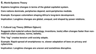 6. World-Systems Theory
Explains longtime changes in terms of the global capitalist system.
Core nations dominate, peripheries depend, semi-peripheries mediate.
Example: European colonialism shaping Africa’s long-term development.
Implication: Longtime changes are global, unequal, and shaped by power relations.
7. Cultural Lag Theory (William Ogburn)
Suggests that material culture (technology, inventions, tools) often changes faster than non-
material culture (values, norms, beliefs).
This “lag” creates tension until society adapts.
Example: Rapid spread of smartphones vs. slower adaptation of laws on privacy and
cybercrime.
Implication: Longtime changes are uneven and sometimes disruptive.
 