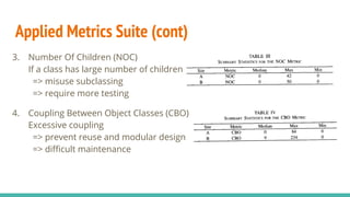 Applied Metrics Suite (cont)
3. Number Of Children (NOC)
If a class has large number of children
=> misuse subclassing
=> require more testing
4. Coupling Between Object Classes (CBO)
Excessive coupling
=> prevent reuse and modular design
=> difficult maintenance
 