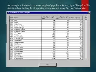 An example - Statistical report on length of pipe lines for the city of Bangalore.The
statistics show the lengths of pipes for both sewer and water, Service Station wise.
 