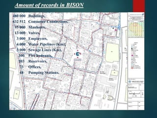 480 000 Buildings,
432 512 Consumer Connections,
95 000 Manholes,
13 000 Valves,
3 000 Employees,
4 000 Water Pipelines (Km),
3 000 Sewage Lines (Km),
300 Fire hydrants,
103 Reservoirs,
73 Offices,
48 Pumping Stations.
Amount of records in BISON
 