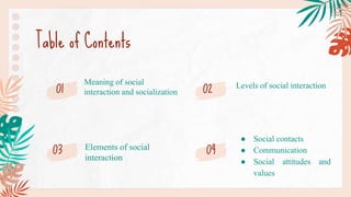Meaning of social
interaction and socialization
Levels of social interaction
Elements of social
interaction
● Social contacts
● Communication
● Social attitudes and
values
Table of Contents
01
03
02
04
 
