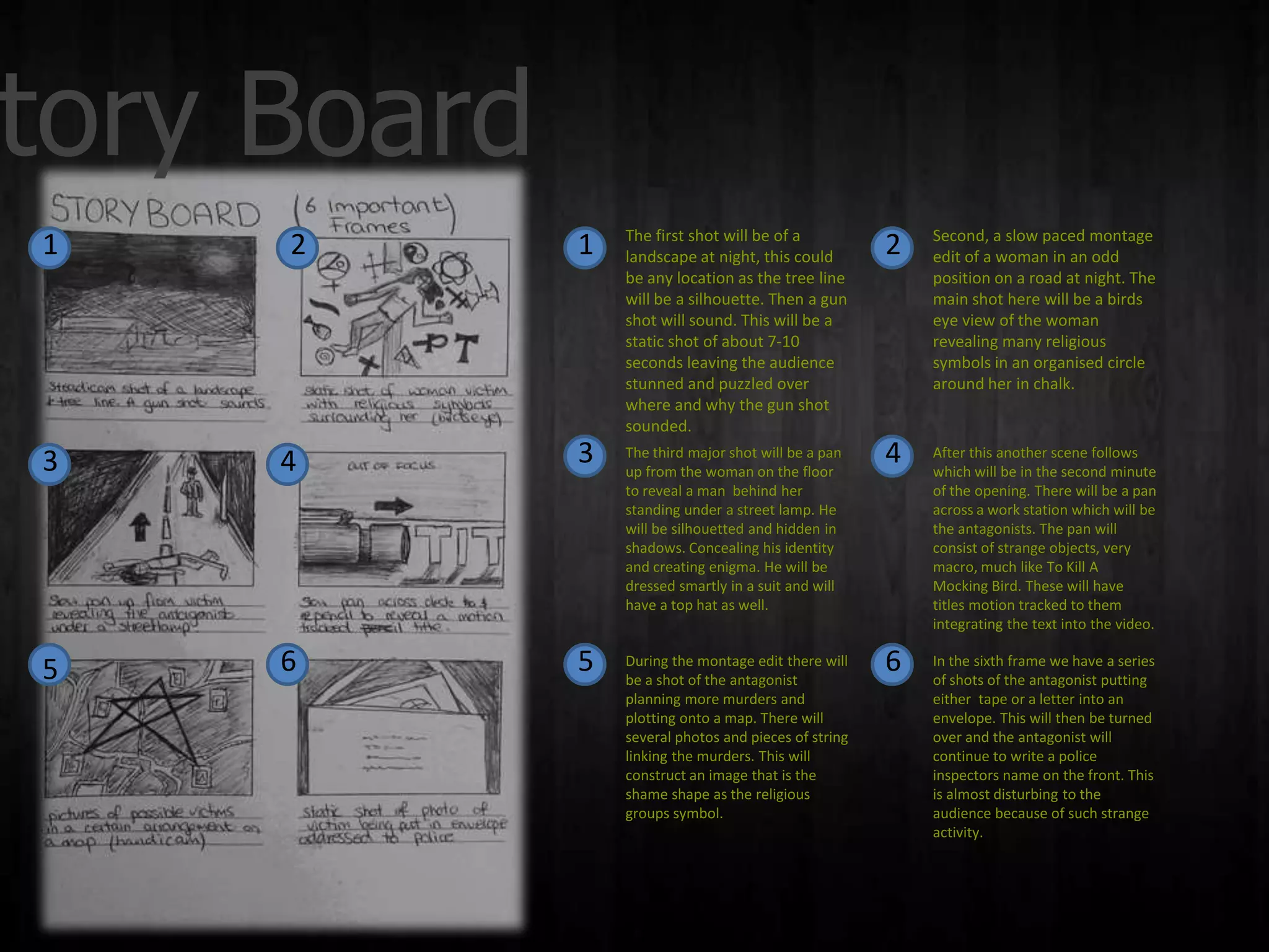 tory Board
                 The first shot will be of a               Second, a slow paced montage
1    2       1   landscape at night, this could        2   edit of a woman in an odd
                 be any location as the tree line          position on a road at night. The
                 will be a silhouette. Then a gun          main shot here will be a birds
                 shot will sound. This will be a           eye view of the woman
                 static shot of about 7-10                 revealing many religious
                 seconds leaving the audience              symbols in an organised circle
                 stunned and puzzled over                  around her in chalk.
                 where and why the gun shot
                 sounded.

3    4       3   The third major shot will be a pan
                 up from the woman on the floor
                                                       4   After this another scene follows
                                                           which will be in the second minute
                 to reveal a man behind her                of the opening. There will be a pan
                 standing under a street lamp. He          across a work station which will be
                 will be silhouetted and hidden in         the antagonists. The pan will
                 shadows. Concealing his identity          consist of strange objects, very
                 and creating enigma. He will be           macro, much like To Kill A
                 dressed smartly in a suit and will        Mocking Bird. These will have
                 have a top hat as well.                   titles motion tracked to them
                                                           integrating the text into the video.


5    6       5   During the montage edit there will
                 be a shot of the antagonist
                                                       6   In the sixth frame we have a series
                                                           of shots of the antagonist putting
                 planning more murders and                 either tape or a letter into an
                 plotting onto a map. There will           envelope. This will then be turned
                 several photos and pieces of string       over and the antagonist will
                 linking the murders. This will            continue to write a police
                 construct an image that is the            inspectors name on the front. This
                 shame shape as the religious              is almost disturbing to the
                 groups symbol.                            audience because of such strange
                                                           activity.
 