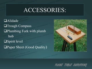 ACCESSORIES:
?Alidade
?Trough Compass
?Plumbing Fork with plumb
bob
?Spirit level
?Paper Sheet (Good Quality)
 