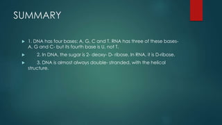 SUMMARY
 1. DNA has four bases: A, G, C and T. RNA has three of these bases-
A, G and C- but its fourth base is U, not T.
 2. In DNA, the sugar is 2- deoxy- D- ribose. In RNA, it is D-ribose.
 3. DNA is almost always double- stranded, with the helical
structure.
 