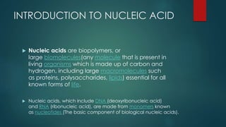INTRODUCTION TO NUCLEIC ACID
 Nucleic acids are biopolymers, or
large biomolecules(any molecule that is present in
living organisms which is made up of carbon and
hydrogen, including large macromolecules such
as proteins, polysaccharides, lipids) essential for all
known forms of life.
 Nucleic acids, which include DNA (deoxyribonucleic acid)
and RNA (ribonucleic acid), are made from monomers known
as nucleotides (The basic component of biological nucleic acids).
 