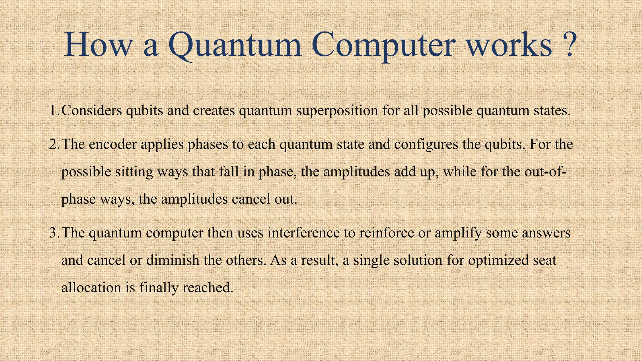 How a Quantum Computer works ?
1.Considers qubits and creates quantum superposition for all possible quantum states.
2.The encoder applies phases to each quantum state and configures the qubits. For the
possible sitting ways that fall in phase, the amplitudes add up, while for the out-of-
phase ways, the amplitudes cancel out.
3.The quantum computer then uses interference to reinforce or amplify some answers
and cancel or diminish the others. As a result, a single solution for optimized seat
allocation is finally reached.
 