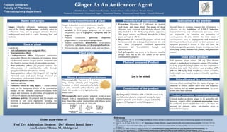 Ginger As An Anticancer Agent
Abdullah Asem - Abdelrahman Ramadan - Adham Ahmed - Ahmed Ashour - Hossam Ahmed
Moatasem Muhammad - Muhammad Ragae – Muhammad Shaaban - Muhammad Ahmed Raslan – Mustafa Mahmoud
Prof Dr/ Abdelsalam Ibrahem - Dr/ Ahmed Ismail Sabry
Ass. Lecturer/ Shimaa M. Abdelgawad
Under supervision of 1. Kapoor, V., Aggarwal, S., Das, S.N., 2016. 6-Gingerol mediates its anti tumor activities in human oral and cervical cancer cell lines through apoptosis and cell cycle arrest.
Phytother. Res. 30, 588–595
2. Cheng, X.L., Liu, Q., Peng, Y.B., Qi, L.W., Li, P., 2011. Steamed ginger (Zingiber officinale): changed chemical profile and increased anticancer potential. Food Chem. 129,1785–
1792
3. Wang,Q Wei,Q et al; A novel formulation of [6]-gingerol: Proliposomes with enhanced oral bioavailability and antitumor effect, International Journal of Pharmaceutics, Volume
535, Issues 1-2
4. A.A. Hamza, G.H. Heeba, S. Hamza, A. Abdalla and A. Amin, 2021 Standardized extract of ginger ameliorates liver cancer, Biomedicine and Pharmacotherapy, 134
5. Promdam, N. Panichayupakaranant, P., 2022 [6]-Gingerol: A narrative review of its beneficial effect on human health,Food Chemistry Advances, Volume 1
References
Ginger, (Zingiber officinale), herbaceous perennial
plant of the family zingiberacaea, probably native to
southeastern Asia, and its pungent aromatic rhizome
(underground stem) used as a spice, flavoring, food, and
medicine.
Name and origin
• Extraction: Rhizomes of Z. officinale are washed
with water and shade dried. Ten grams of dried
rhizomes were extracted with absolute ethanol (100
mL) for 2–4 h at 50- 80 °C using a reflux apparatus.
The ginger extracts are filtered through No.1 filter
paper and kept at −20 °C.
• Preparation: the extracted [6]-gingerol oil can then
be incorporated into a dosage form intended for oral
use, since [6]-gingerol exhibited appreciable
absorption and bioavailability through oral
administration.
• Soft gel capsules may prove to be the most suitable
dosage form due to the oily nature of the active
constituent [6]-gingerol.
Uses of plant
Ginger is abundant in active constituents, mainly:
• Phenolic compounds: gingerols, shogaols, and
paradols. In fresh ginger, gingerols are the major
polyphenols, such as 6-gingerol, 8-gingerol, and 10-
gingerol.
• Phenolic compounds: quercetin, zingerone,
gingerenone-A, and 6 dehydrogingerdione.
• Terpene components: β-bisabolene, α-curcumene,
zingiberene, α-farnesene, and β-sesquiphellandrene.
• Polysaccharides, lipids, organic acids, and raw fibers.
Active constituents of plant
Several lines of evidence suggest that [6]-gingerol is
effective in the inhibition of COX-2 induction,
hyperproliferation, and inflammatory processes, which
are responsible for initiation and promotion of
carcinogenesis. It also inhibits the latter steps of
carcinogenesis such as angiogenesis and metastasis.
[6]-Gingerols have been tested for their antitumor and
apoptotic potential in several in vitro cell lines, viz.
leukemia, gastric, prostate, breast, ovarian, cervical,
liver, lung, colon, endometrial, glioma, and pancreatic
cancer.
Indication of the product
Full spectrum ginger extract, 350 mg. This rhizome
extract is standardized to gingerols content (5% yielding,
12.5 mg gingerols). Ginger tablets are then suspended in
distilled water daily. This solution used at a dose of 75,
150 and 300 mg/kg body weight in a volume of 5 ml/kg
body weight was found to achieve clinically significant
results.
Dose of the product
Used for its:
• Anti-inflammatory and analgesic effect.
• Neuroprotective effect
• Cardioprotective effect: [6]-gingerol ameliorates
myocardial fibrosis by reduction of oxidative stress
via decreased reactive oxygen species, compound was
also found to increase levels of antioxidant enzymes.
• Bone-protective effect: [6]-gingerol induced the
differentiation of osteoblast-like cells through
upregulated alkaline phosphatase activity.
• Reno-protective effect: [6]-Gingerol (25 mg/kg)
attenuated acute renal injury through decreased pro
inflammatory cytokines and oxidative stress.
• Intestinal protective effect.
• Antiviral activity.
• Protective effect on lung injury: a recent clinical
study on the therapeutic effects of the combination
therapy of the standard hydroxychloroquine with
ginger and echinacea on alleviation of symptoms in
COVID-19 patients has been reported.
• Antitumor activity: [6]-gingerol and [6]-shogaol are
involved in cell cycle regulation, including the
induction of apoptosis and inhibition of proliferation
in cancer
Procedure of preparation
[6]-Gingerol (C17H26O4; MW of 294.39 g/mol) is the
most abundant phenolic compound among the major
eighteen phenolic acids found in ginger, such as [8]-
gingerol, [10]-gingerol, methyl-[6]-gingerol.
Microscopically, starch grains: spherical, ovoid, or pear-
shaped, with a characteristic beak. Sclerenchymatous
long fibers, thin-walled, nonlignified, with oblique pores,
cells containing yellowish oil, cork cells.
Macro & microscopical features
Photo of prepared Product
[yet to be added]
Constituent of the product
Adverse effects resulting from the intake of ginger root
observed in clinical studies occur with low frequency,
low intensity, and are mainly gastrointestinal. No severe
events have been reported.
Side effects of the products
Clinical studies as shown ginger to be generally safe,
however, ginger’s effect on platelet aggregation cannot
be confidently dismissed, therefore it has to be taken into
account for patients taking anti-platelet drugs or
scheduled for surgery.
Product precaution /contraindications
Fayoum University
Faculty of Pharmacy
Pharmacognosy department
Plant photo
Macroscopically, The root is 1-4 inches
long, knotty, obtusely and irregularly
branched or lobed, externally of a light
ash color, internally yellowish-white and
fleshy the powder is of a light yellowish-
brown color.
 
