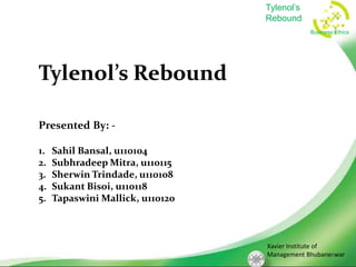 Tylenol’s
Rebound
Business Ethics

Tylenol’s Rebound
Presented By: 1.
2.
3.
4.
5.

Sahil Bansal, u110104
Subhradeep Mitra, u110115
Sherwin Trindade, u110108
Sukant Bisoi, u110118
Tapaswini Mallick, u110120

Xavier Institute of
Management Bhubaneswar
1

 