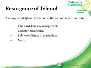 Resurgence of Tylenol
A resurgence of Tylenol by the end of the year can be attributed to
–

Johnson & Johnson management,

–

Compton advertising,

–

Public confidence in the product.

–

Media

10

 