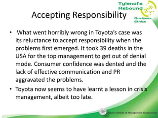 Accepting Responsibility
• What went horribly wrong in Toyota’s case was
its reluctance to accept responsibility when the
problems first emerged. It took 39 deaths in the
USA for the top management to get out of denial
mode. Consumer confidence was dented and the
lack of effective communication and PR
aggravated the problems.
• Toyota now seems to have learnt a lesson in crisis
management, albeit too late.

 