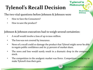 Tylenol’s Recall Decision
The two vital questions before Johnson & Johnson were
•

How to Save the Consumers?

•

How to save the product?

Johnson & Johnson executives had to weigh several certainties:
•

A recall would involve a loss of up to $100 million.

•

The loss was not covered by insurance.

•

News of a recall could so damage the product that Tylenol might never be able
to regain public confidence and its 37 percent of market share.

•

The news and loss would surely result in a dramatic drop in the company’s
stock.

•

The competition in the analgesic market was fierce. Competitors would try to
make Tylenol’s loss their gain.
4

 