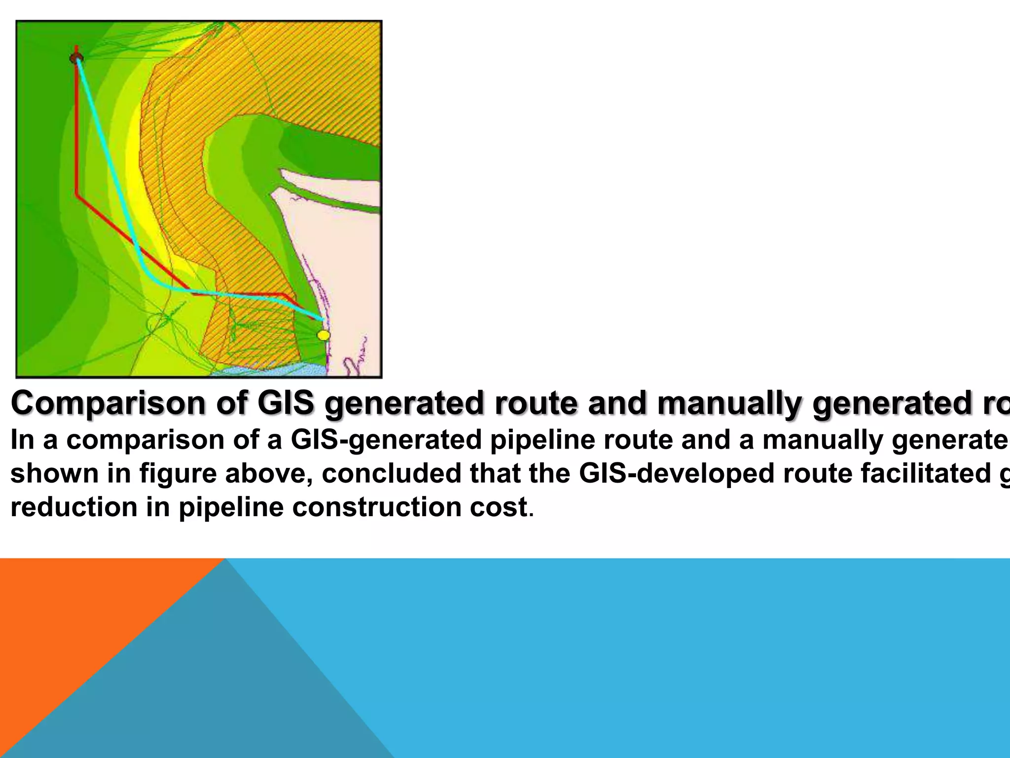 Comparison of GIS generated route and manually generated route 
In a comparison of a GIS-generated pipeline route and a manually generated shown in figure above, concluded that the GIS-developed route facilitated greater 
reduction in pipeline construction cost. 
 