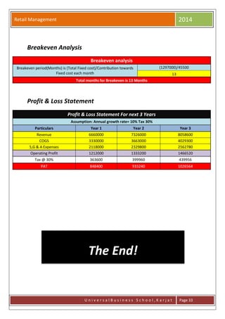 Retail Management 2014
U n i v e r s a l B u s i n e s s S c h o o l , K a r j a t Page 33
Breakeven Analysis
Breakeven analysis
Breakeven period(Months) is (Total Fixed cost)/Contribution towards
Fixed cost each month
(1297000)/45500
13
Total months for Breakeven is 13 Months
Profit & Loss Statement
Profit & Loss Statement For next 3 Years
Assumption: Annual growth rate= 10% Tax 30%
Particulars Year 1 Year 2 Year 3
Revenue 6660000 7326000 8058600
COGS 3330000 3663000 4029300
S,G & A Expenses 2118000 2329800 2562780
Operating Profit 1212000 1333200 1466520
Tax @ 30% 363600 399960 439956
PAT 848400 933240 1026564
The End!
 