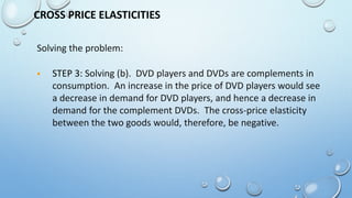 CROSS PRICE ELASTICITIES
Solving the problem:
 STEP 3: Solving (b). DVD players and DVDs are complements in
consumption. An increase in the price of DVD players would see
a decrease in demand for DVD players, and hence a decrease in
demand for the complement DVDs. The cross-price elasticity
between the two goods would, therefore, be negative.
 