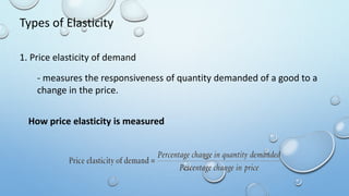 Types of Elasticity
- measures the responsiveness of quantity demanded of a good to a
change in the price.
1. Price elasticity of demand
How price elasticity is measured
 
