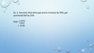 Ex: 1. Assumes that when gas prices increase by 50%, gas
purchased fall by 25%.
PED=
(−25%)
(50%)
= -0.50
 