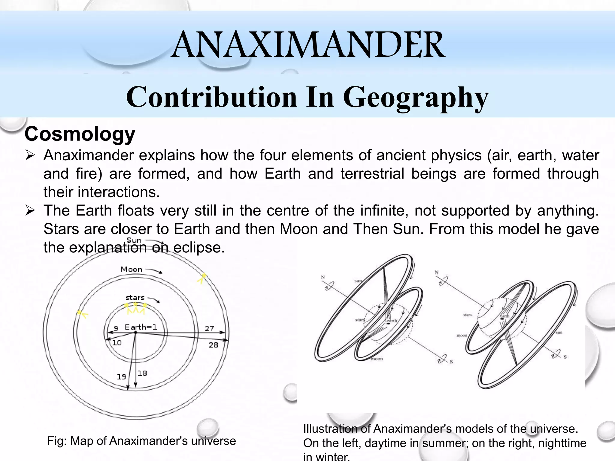 Cosmology
 Anaximander explains how the four elements of ancient physics (air, earth, water
and fire) are formed, and how Earth and terrestrial beings are formed through
their interactions.
 The Earth floats very still in the centre of the infinite, not supported by anything.
Stars are closer to Earth and then Moon and Then Sun. From this model he gave
the explanation on eclipse.
ANAXIMANDER
Contribution In Geography
Fig: Map of Anaximander's universe
Illustration of Anaximander's models of the universe.
On the left, daytime in summer; on the right, nighttime
 