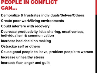 PEOPLE IN CONFLICT
CAN…
Demoralize & frustrates individuals/Selves/Others
Create poor work/living environments
Could interfere with recovery
Decrease productivity, idea sharing, creativeness,
individualism & communication
Increase bad decision making
Ostracize self or others
Cause good people to leave, problem people to worsen
Increase unhealthy stress
Increase fear, anger and guilt
 