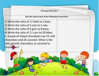 Group Activity I
Give the ratio of each of the following in word form.
1) Write the ratio of 17 balls to 2 bats.
2) Write the ratio of 3 cats to 5 rats.
3) Write the ratio of 6 girls to 8 boys.
4) Write the ratio of 11 cars to 20 bikes.
5. A pack of mixed chocolates has 15 milk
chocolates and 25 caramel. What is the
ratio of milk chocolates to caramel to
chocolates?
 