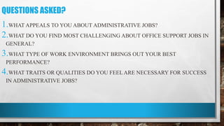 QUESTIONS ASKED?
1.WHAT APPEALS TO YOU ABOUT ADMINISTRATIVE JOBS?
2.WHAT DO YOU FIND MOST CHALLENGING ABOUT OFFICE SUPPORT JOBS IN
GENERAL?
3.WHAT TYPE OF WORK ENVIRONMENT BRINGS OUT YOUR BEST
PERFORMANCE?
4.WHAT TRAITS OR QUALITIES DO YOU FEEL ARE NECESSARY FOR SUCCESS
IN ADMINISTRATIVE JOBS?
 