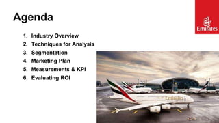 Agenda
1. Industry Overview
2. Techniques for Analysis
3. Segmentation

4. Marketing Plan
5. Measurements & KPI
6. Evaluating ROI

 
