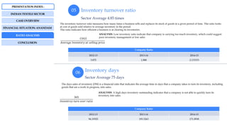 Inventory turnover ratio
Inventory days
05
06
Sector Average 4.85 times
Sector Average 75 days
The days sales of inventory (DSI) is a financial ratio that indicates the average time in days that a company takes to turn its inventory, including
goods that are a work in progress, into sales.
The inventory turnover ratio measures how many times a business sells and replaces its stock of goods in a given period of time. This ratio looks
at cost of goods sold relative to average inventory in the period.
This ratio indicates how efficient a business is at clearing its inventories.
𝐶𝑂𝐺𝑆
𝐴𝑣𝑒𝑟𝑎𝑔𝑒 𝐼𝑛𝑣𝑒𝑛𝑡𝑜𝑟𝑦 𝑎𝑡 𝑠𝑒𝑙𝑙𝑖𝑛𝑔 𝑝𝑟𝑖𝑐𝑒
365
𝐼𝑛𝑣𝑒𝑛𝑡𝑟𝑜𝑦 𝑡𝑢𝑟𝑛 𝑜𝑣𝑒𝑟 𝑟𝑎𝑡𝑖𝑜
INDIAN TEXTILE SECTOR
CASE OVERVIEW
FINANCIAL SITUATION: ANANDAM
RATIO ANALYSIS
PRESENTATION INDEX :
Company Ratio
2012-13 2013-14 2014-15
94.19355 193.3263 171.0938
Company Ratio
2012-13 2013-14 2014-15
3.875 1.888 2.133333
ANALYSIS: Low inventory ratio indicate that company is carrying too much inventory, which could suggest
poor inventory management or low sales
ANALYSIS: A high days inventory outstanding indicates that a company is not able to quickly turn its
inventory into sales.
CONCLUSION
 