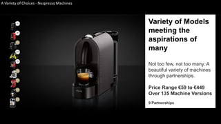 A Variety of Choices - Nespresso Machines
Variety of Models
meeting the
aspirations of
many
Not too few, not too many. A
beautiful variety of machines
through partnerships.
Price Range €59 to €449
Over 135 Machine Versions
9 Partnerships
 