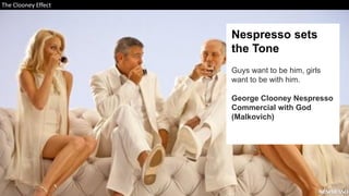 Nespresso sets
the Tone
Guys want to be him, girls
want to be with him.
George Clooney Nespresso
Commercial with God
(Malkovich)
The Clooney Effect
 