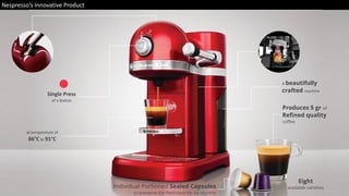 Produces 5 gr of
Refined quality
coffee
Individual Portioned Sealed Capsules
to preserve the freshness for six months
at temperature of
86°C to 91°C
Single Press
of a Button
Eight
available varieties
Nespresso’s Innovative Product
A beautifully
crafted machine
 